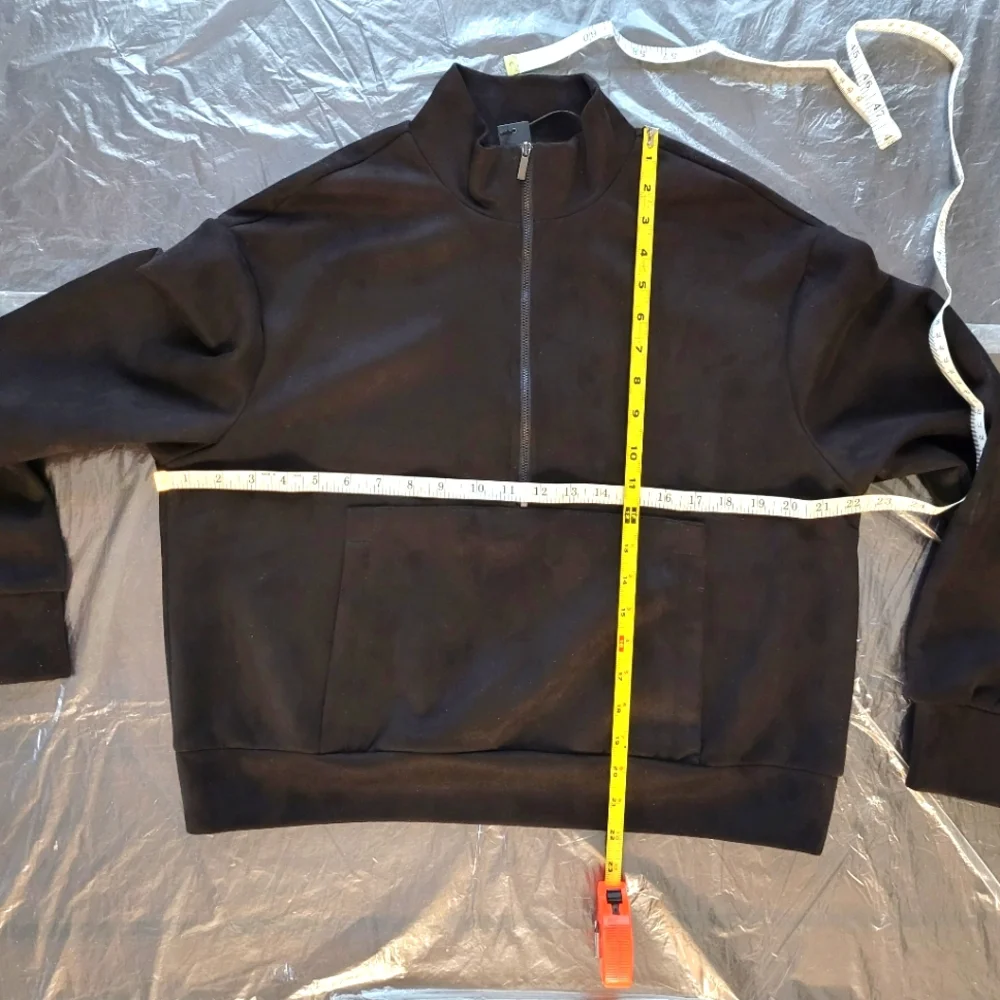 Black Faux Suede Half Zip Pullover Jacket Sweatshirt NEW Front Pocket Tahari - Picture 2 of 11